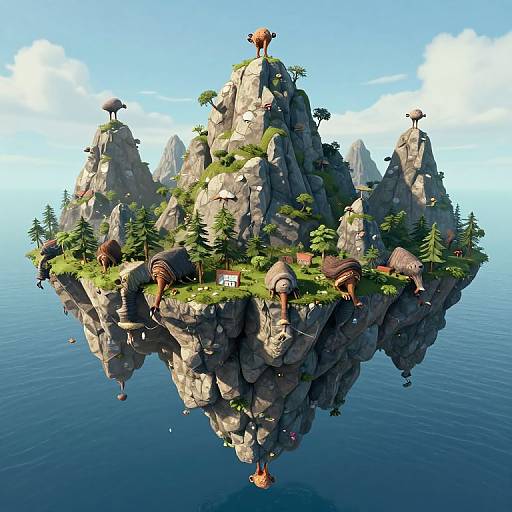 Digital CGI image of a floating island with rocky peaks, lush greenery, trees, houses, and various animals, set over a calm blue ocean.