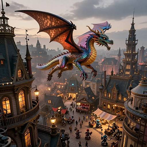 Digital fantasy artwork: vibrant dragon with multicolored scales and pink wings soaring over a bustling, illuminated medieval town square at dusk.