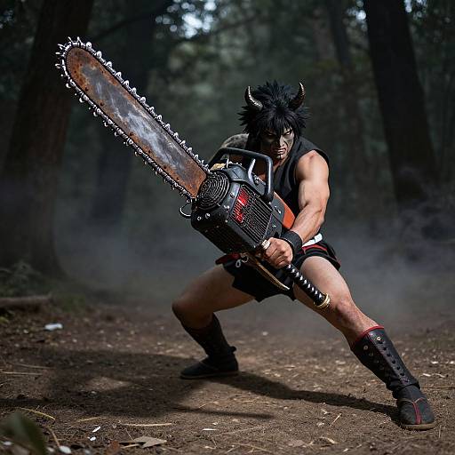 Photograph of a muscular man with black spiky hair, horn headband, and black outfit, wielding a chainsaw in a dark forest.