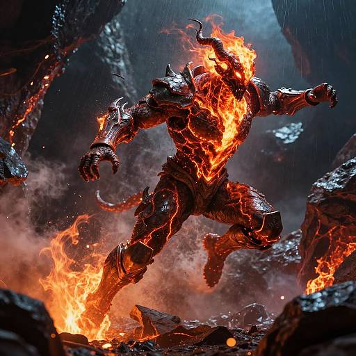 Digital artwork of a fiery, demonic, armored creature with glowing orange flames covering its muscular, black, textured body, leaping amidst a smoky,
