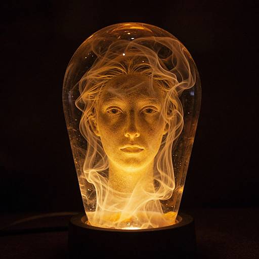 Glowing glass sculpture of a woman's face with intricate, ethereal hair patterns, illuminated from within, set against a dark background.