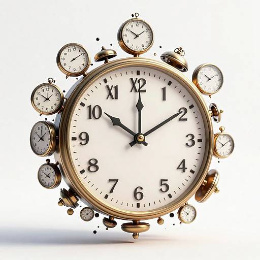 Photograph of a large gold alarm clock with black numerals, surrounded by floating smaller clocks, all showing different times, set against a white background.