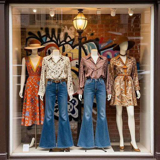 Photograph of four mannequins in a storefront window, wearing patterned dresses and blouses, blue flared jeans, and hats, against