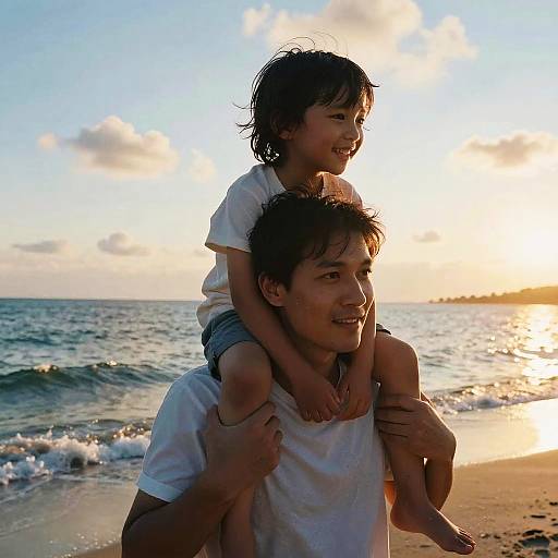 Child on Shoulders at Sunset Beach