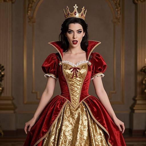 Digital artwork of a fair-skinned woman with dark hair, wearing a gold crown, red and gold medieval-style dress, standing in an ornate,