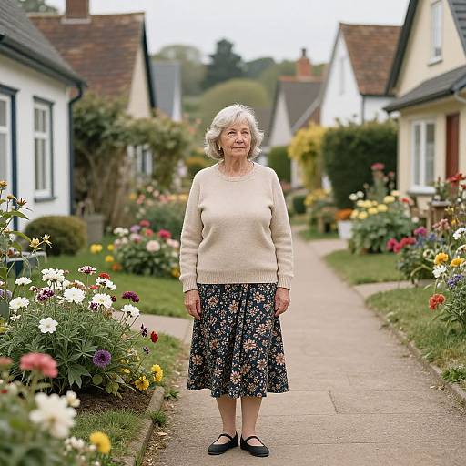 Photograph of an elderly white woman with short gray hair, wearing a beige sweater and floral skirt, standing on a flower-lined suburban pathway.