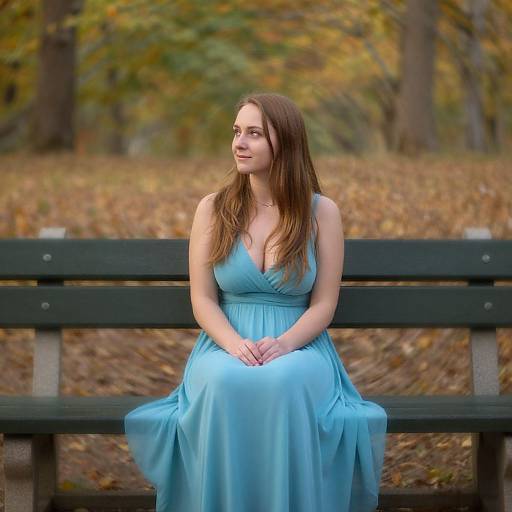 Photograph of a smiling white woman with long brown hair, wearing a blue, V-neck, sleeveless dress, seated on a black bench in a