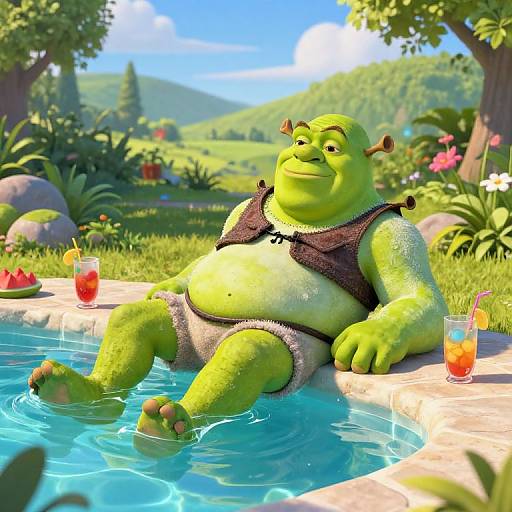 Green, obese, smiling ogre in black sleeveless vest and gray shorts lounges in a sunny, colorful pool, surrounded by drinks and a lush