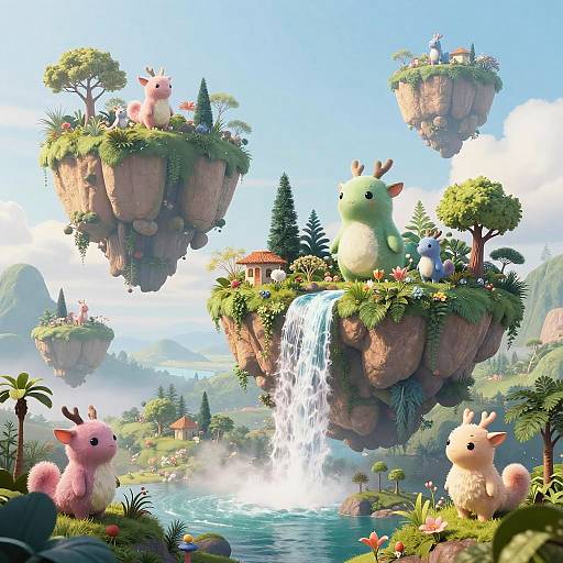 Whimsical CGI scene featuring floating islands with cute, fluffy, pastel-colored deer-like creatures, lush greenery, a waterfall, and a serene