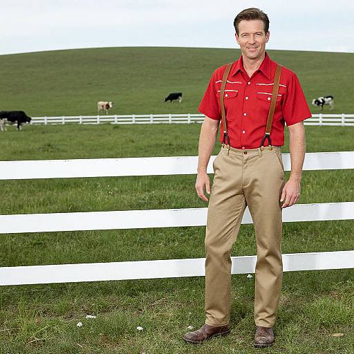 Photograph of a smiling man in red shirt, beige pants, brown suspenders, and brown shoes, standing by white fence, with green pasture and