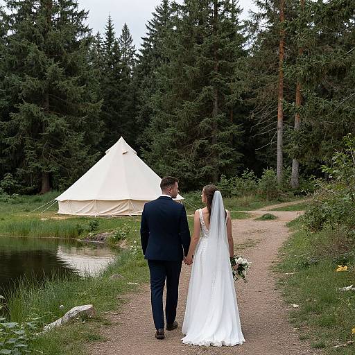 Photograph of a bride in a white dress and veil, holding bouquet, and groom in black suit, walking towards a white tent in a forest clearing