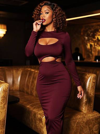 Nightlife Fashion Model in Burgundy Dress