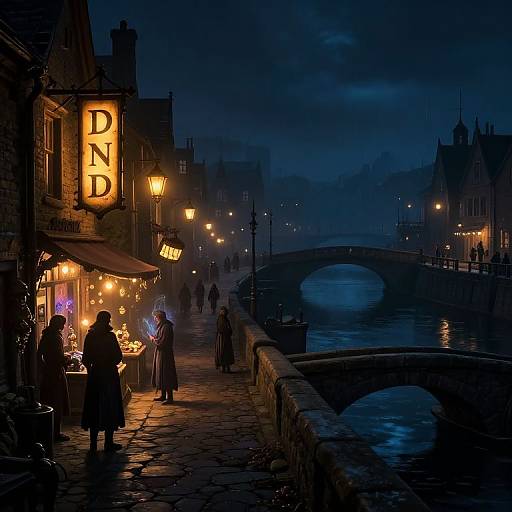 Nighttime photograph of a dimly lit, cobblestone street with a glowing 