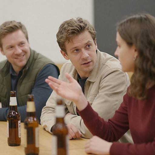Three People Conversing Over Beer Indoors