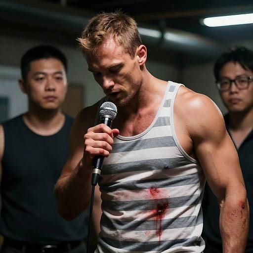 Muscular Man Holding Microphone with Blood Stains