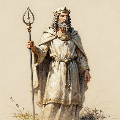 Digital illustration of a bearded king with a golden crown, holding a trident, wearing a silver robe with gold trim, standing against a plain,