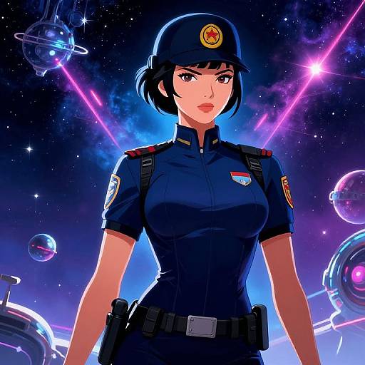 Digital anime-style artwork of a determined female police officer in a dark blue uniform, hat, and badge, standing in a futuristic, neon-lit space