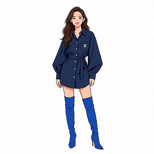 Digital illustration of a smiling woman with long brown hair, wearing a navy pinstripe dress, buttoned to the neck, and blue knee-high boots