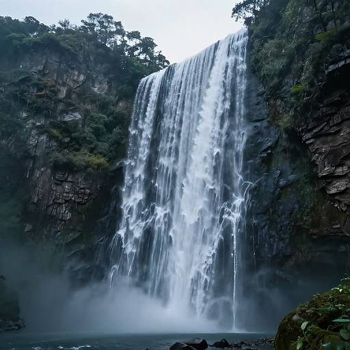 Photograph of a powerful, multi-tiered waterfall cascading down a dark, rocky cliff surrounded by lush greenery and mist at the base.