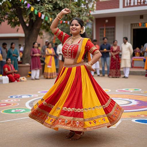 Photograph of a smiling Indian woman in a vibrant red and yellow traditional lehenga, performing a dance in an outdoor festival setting with colorful decorations.