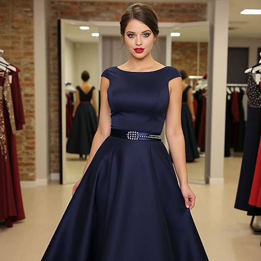 Photograph of a beautiful woman with fair skin and dark hair in a bun, wearing a navy blue, sleeveless, A-line dress with a st