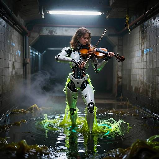 Young Cyborg Violinist in Bioluminescent Subway