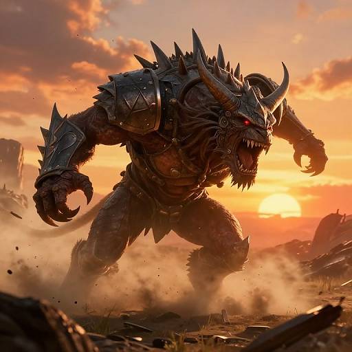 Digital artwork of a fierce, armored, horned demon with sharp claws and red eyes, roaring at a sunset-lit, dusty battlefield.