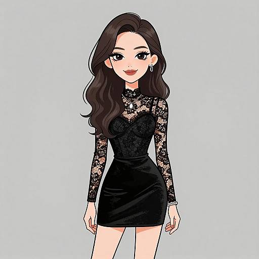 Digital anime-style drawing of a beautiful woman with long, wavy black hair, wearing a black lace long-sleeve mini dress, standing against a