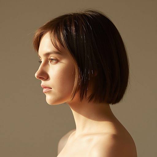 Photograph of a young woman with short, dark brown hair in profile, bathed in sunlight, against a plain beige background.