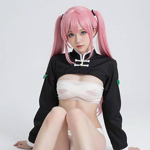Photograph of a pink-haired anime cosplayer with blue eyes, wearing a black cropped long-sleeve top and white bandeau, sitting against a