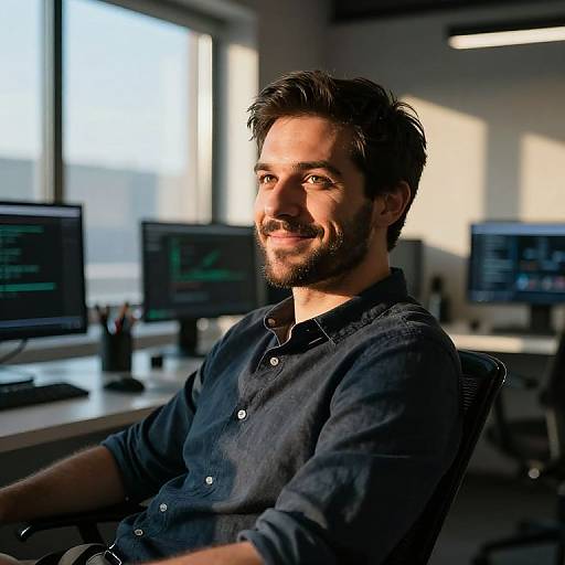 Photograph of a smiling, bearded man with dark hair, wearing a black button-up shirt, seated at a sunlit office desk with multiple computer
