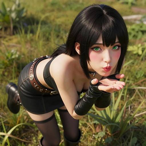 Digital anime-style image of a black-haired, green-eyed girl with pale skin, wearing a black leather outfit, bending forward, pouting, in a