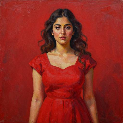 Digital painting of a South Asian woman with wavy dark hair, wearing a red dress, against a vibrant red background. She has a serious expression and