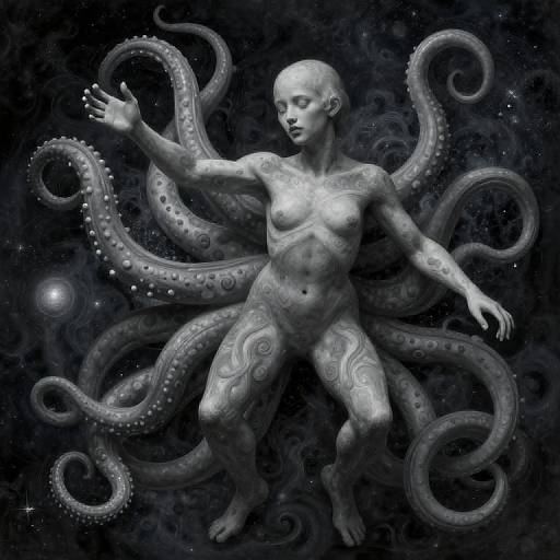 Digital artwork of a bald, nude, humanoid figure with intricate tattoos, surrounded by tentacles in a dark, starry space.