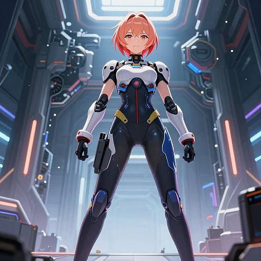 Digital anime-style artwork of a confident, red-haired woman in a black and white futuristic armor suit, standing in a neon-lit sci-fi corridor,