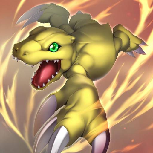 Illustration of Agumon, digimon in the style of Nironiro