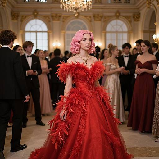 Photograph of a woman with pink curly hair in a red feathered gown, standing in an elegant ballroom with chandeliers and a crowd in