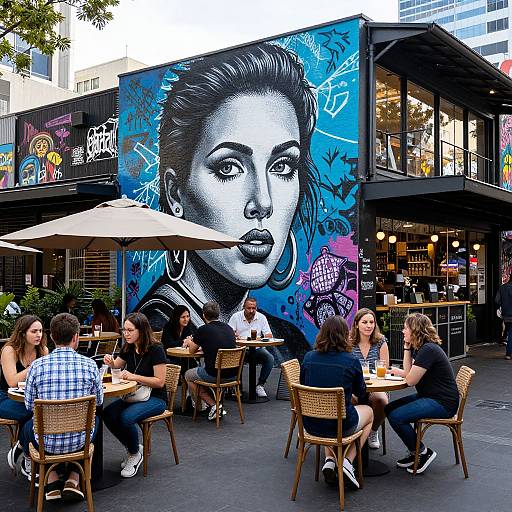 Photograph of a street-side cafe with a vibrant mural of a black-and-white woman on a blue background, patrons dining outside.