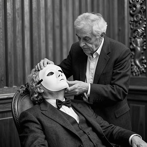 Elderly Man Holding Mask Over Seated Man