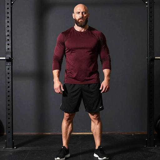Photograph of a bald, bearded, muscular man in a maroon long-sleeve shirt, black shorts, and black sneakers, standing in