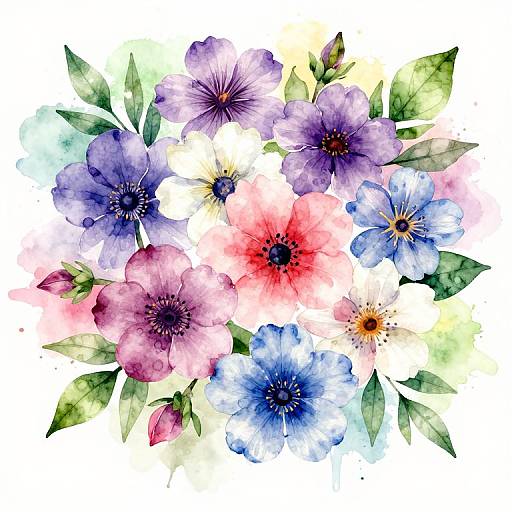 Watercolor floral bouquet: Purple, pink, and blue flowers with green leaves on a white background. Vibrant, delicate, and intricate.