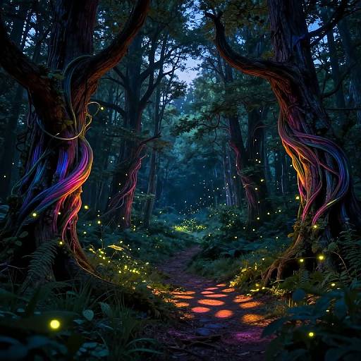 Enchanted forest night scene: glowing fireflies, colorful twisted tree branches framing a path of red lights, deep blue twilight, vibrant, magical.
