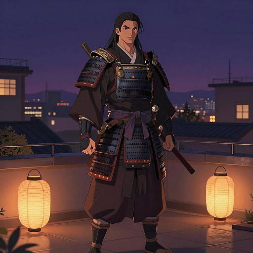 Anime-style digital illustration of a samurai standing on a rooftop at night, illuminated by two glowing lanterns. He wears detailed black armor, holds a