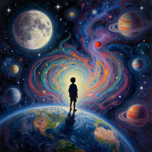 Digital artwork: Silhouetted child standing on Earth, gazing at swirling, colorful cosmic vortex with planets in a starry, vibrant space background