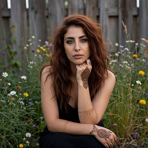 Photograph of a pensive, fair-skinned woman with long, wavy brown hair, wearing a black dress, adorned with intricate henna tattoos