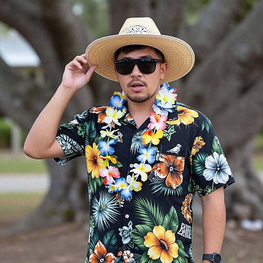 Photograph of a man in a straw hat, black sunglasses, and a colorful floral shirt, standing outdoors with large trees in the background.