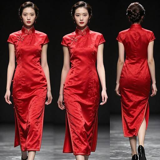 Photograph of an Asian woman in a shiny, red, short-sleeved cheongsam dress, shown front and back, walking on a dark