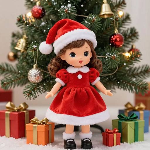 Joyful Female Doll by Christmas Tree