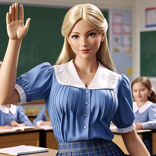 Digital illustration of a blonde, blue-eyed, fair-skinned woman in a blue and white school uniform, waving in a classroom. Other students and a