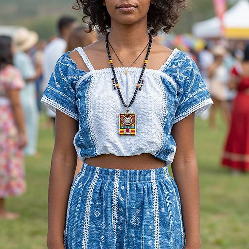 Photograph of an African-American woman with curly hair, wearing a blue and white embroidered crop top and skirt, and a beaded necklace with a rectangular
